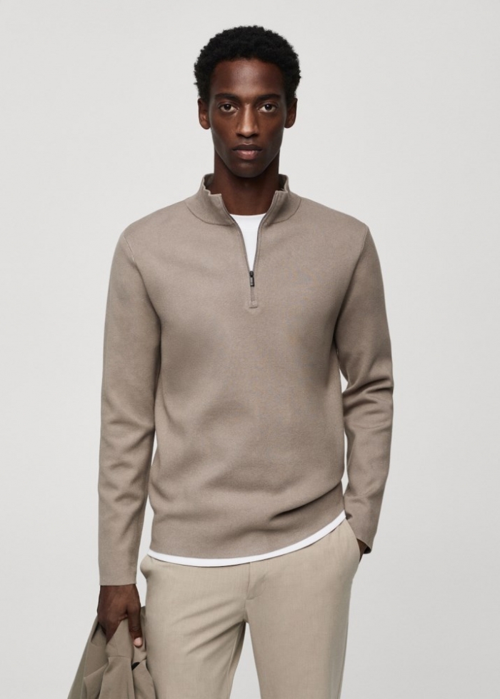 Mango Jersey cuello perkins cremallera - Gris visón