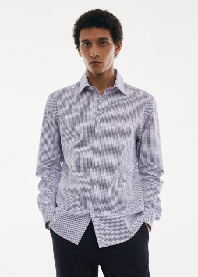 Mango Camisa micro cuadro tejido stretch - Azul marino