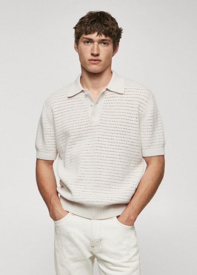Mango Polo punto algodón calado - Blanco roto