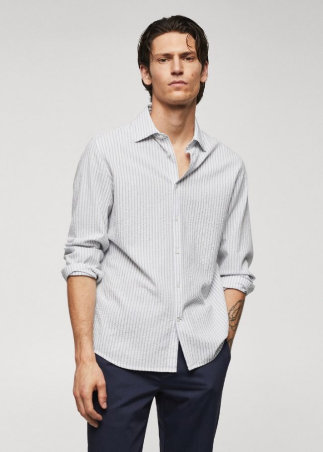 Mango Camisa 100% algodón seersucker rayas - Blanco