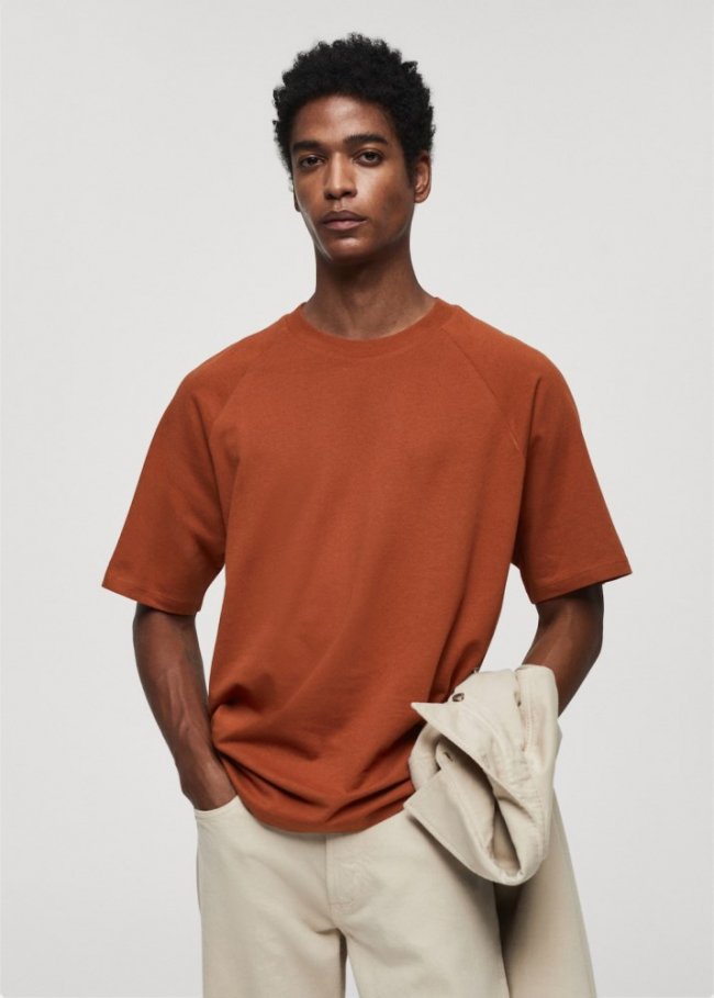 Mango Camiseta algodón relaxed fit - Naranja tostado