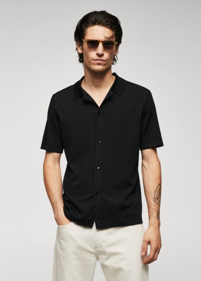 Mango Polo punto microestructura abotonado - Negro
