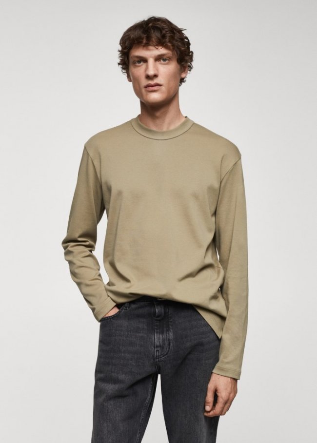 Mango Camiseta 100% algodón manga larga - Oliva