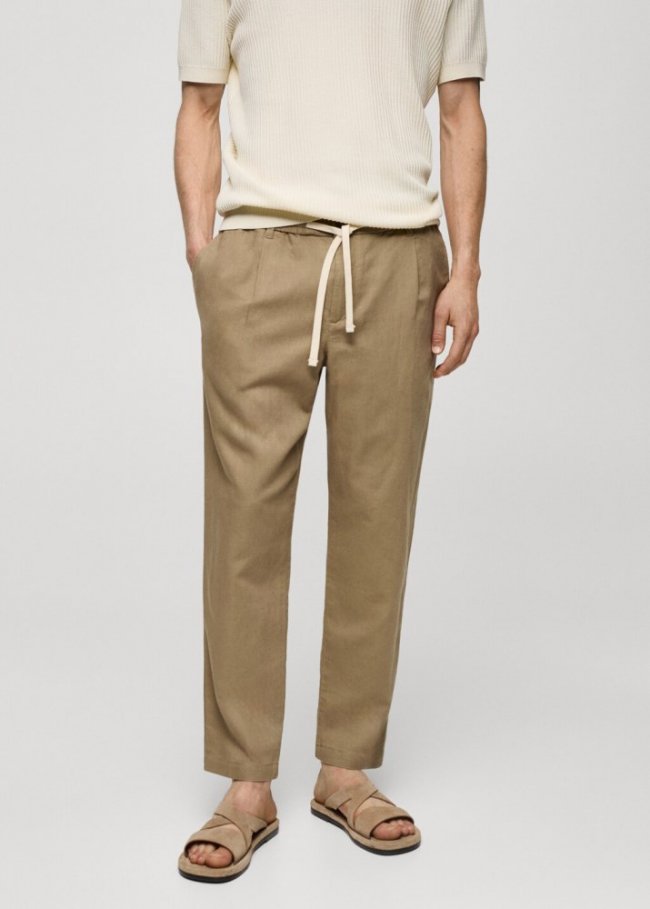 Mango Pantalón slim fit lino cordón - Verde medio