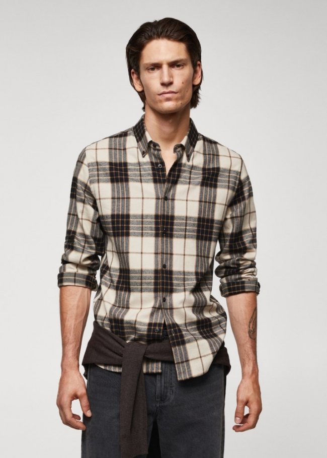 Mango Camisa regular fit franela cuadros - Crudo