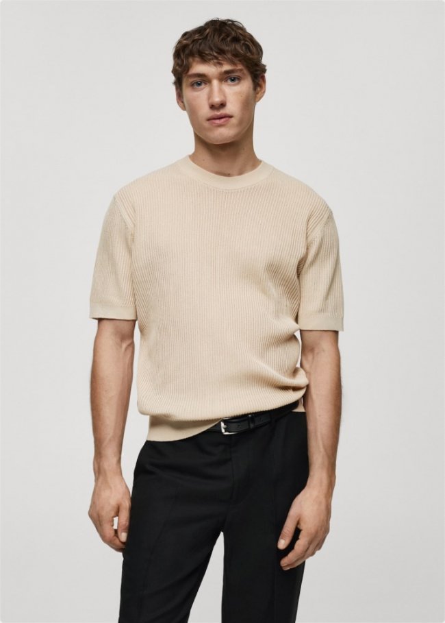 Mango Camiseta algodón canalé - Beige