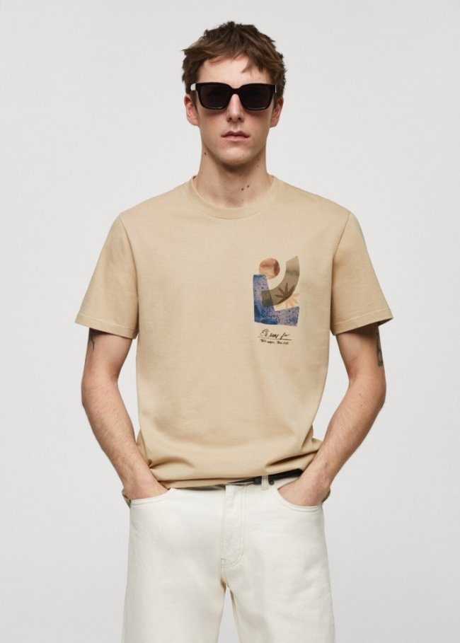 Mango Camiseta 100% algodón estampado - Beige