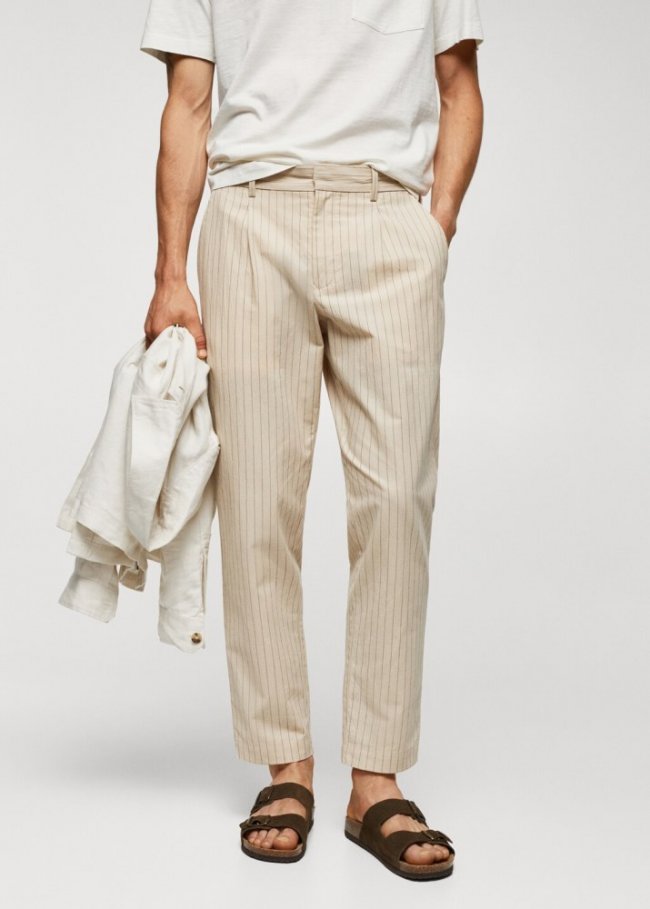 Mango Pantalón algodón-lino seersucker - Beige