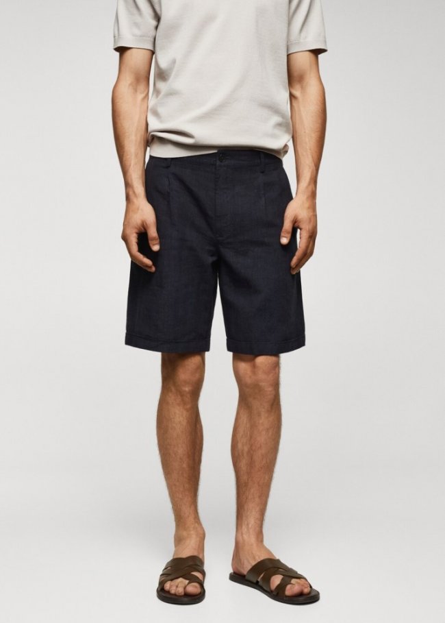 Mango Bermuda algodón-lino estampado príncipe Galés - Azul marino
