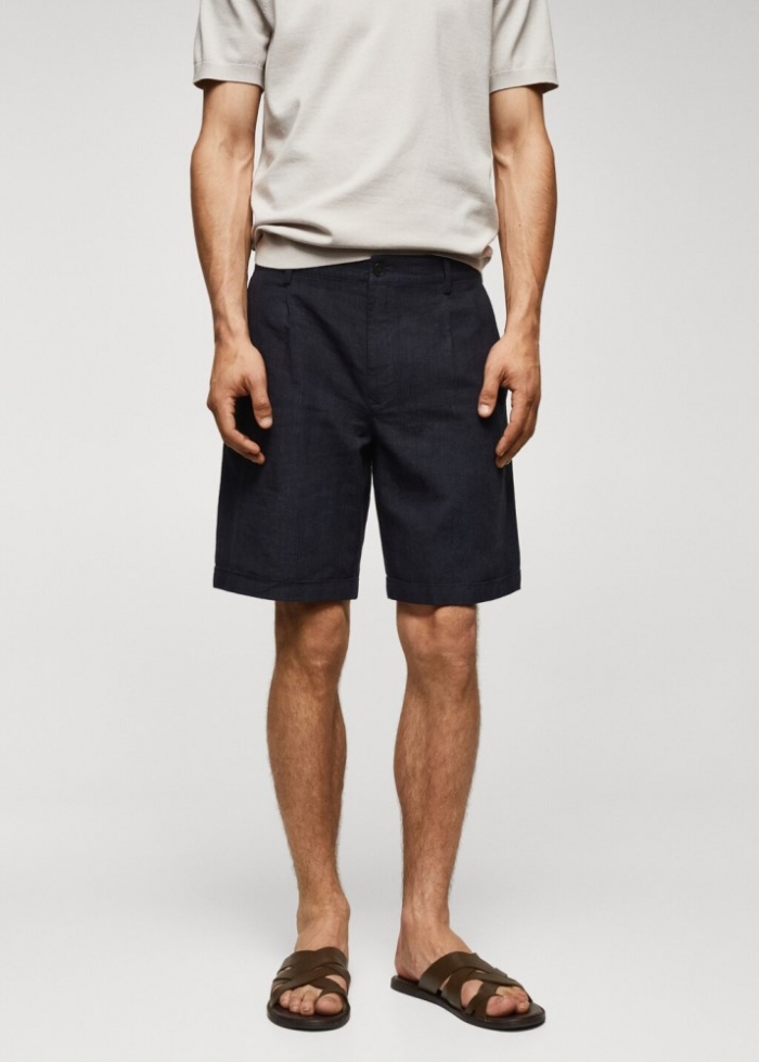 Mango Bermuda algodón-lino estampado príncipe Galés - Azul marino
