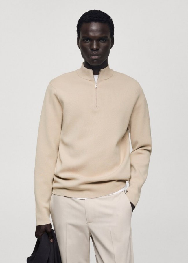 Mango Jersey punto medio cuello perkins cremallera - Beige