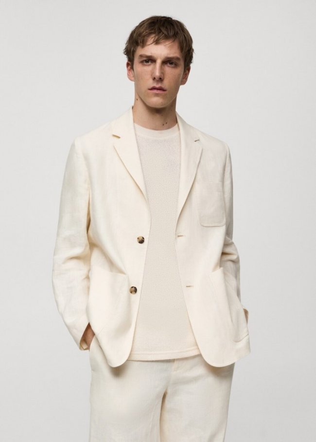 Mango Americana 100% lino bolsillos relaxed fit - Crudo