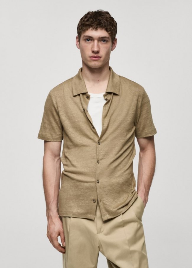 Mango Polo 100% lino abotonado - Khaki