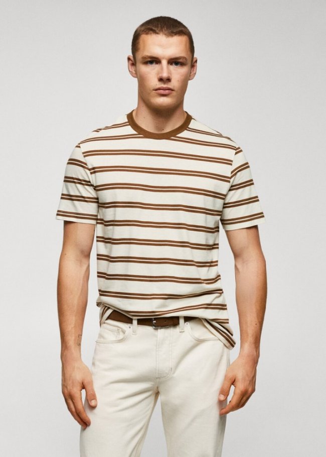 Mango Camiseta punto algodón modal rayas - Marrón medio
