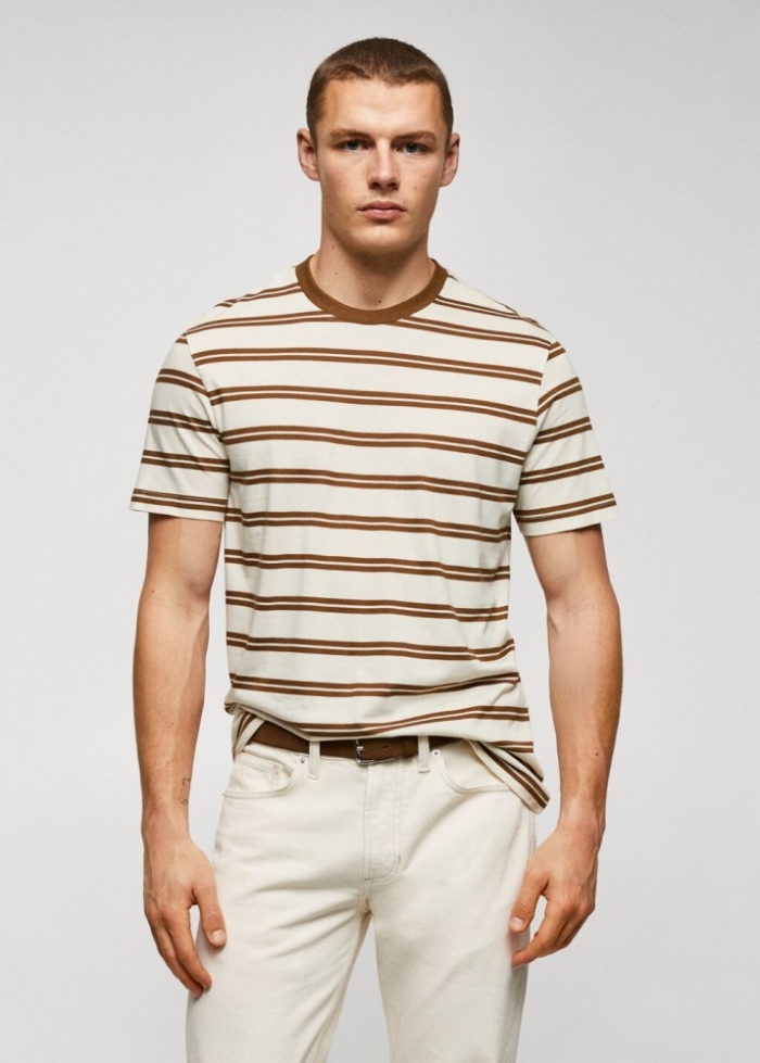 Mango Camiseta punto algodón modal rayas - Marrón medio