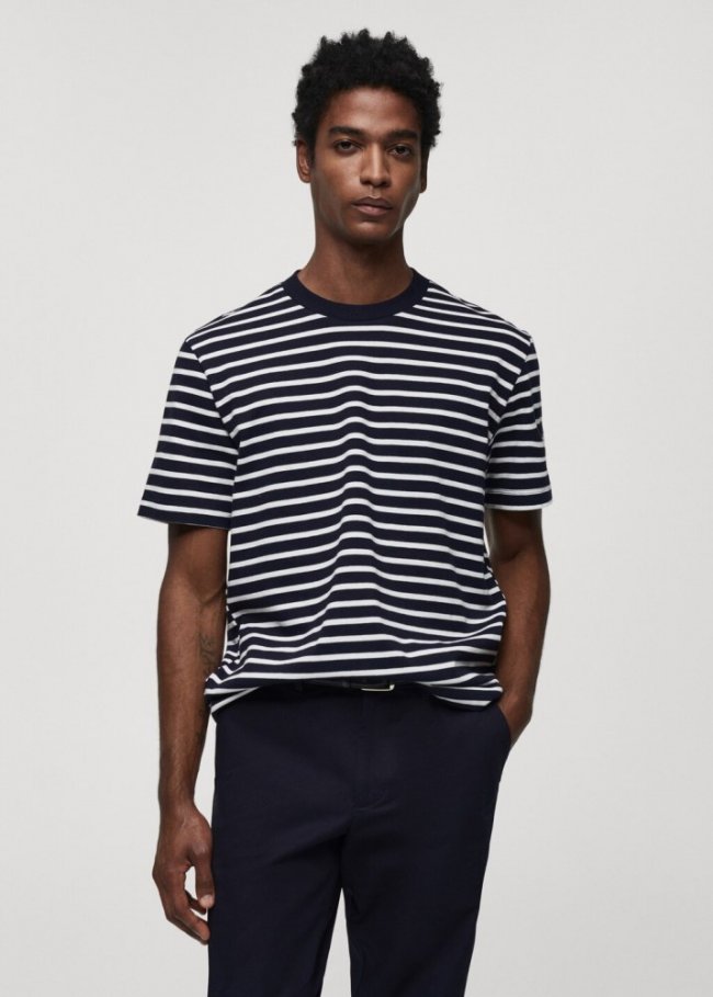 Mango Camiseta algodón rayas - Azul marino oscuro