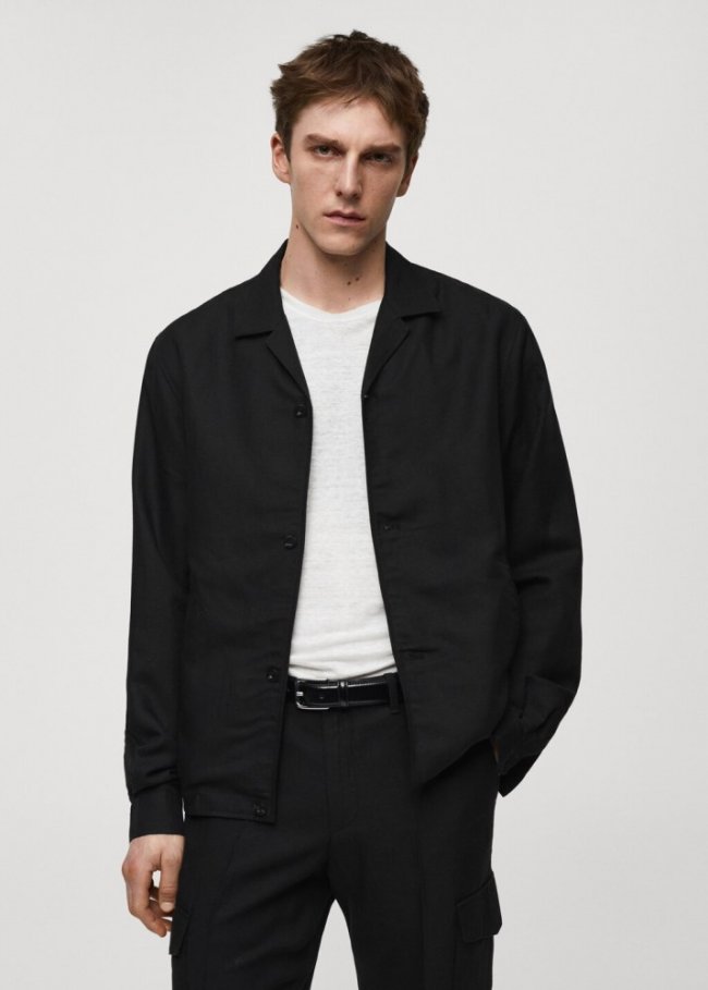 Mango Sobrecamisa slim fit mezcla lino - Negro