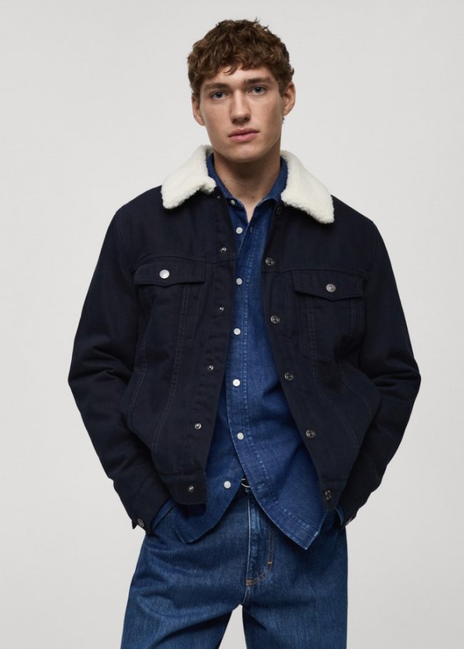 Mango Cazadora denim cuello borreguillo - Azul marino oscuro