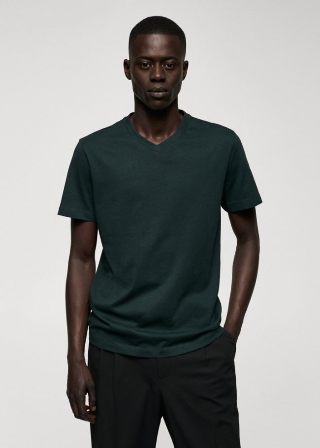 Mango Camiseta básica algodón cuello pico - Verde bosque