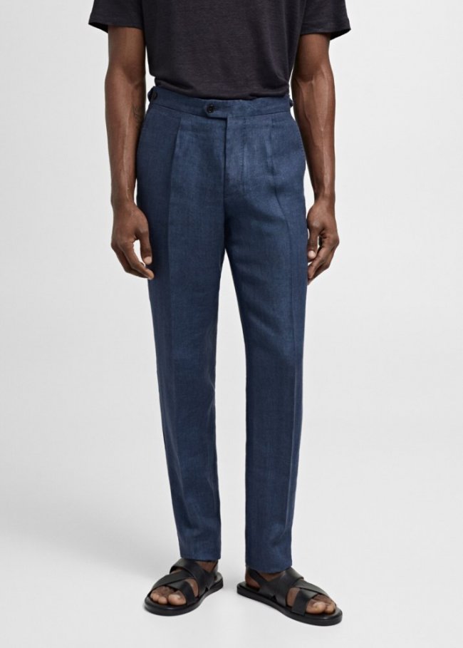 Mango Pantalón traje slim fit 100% lino espiga - Azul indigo