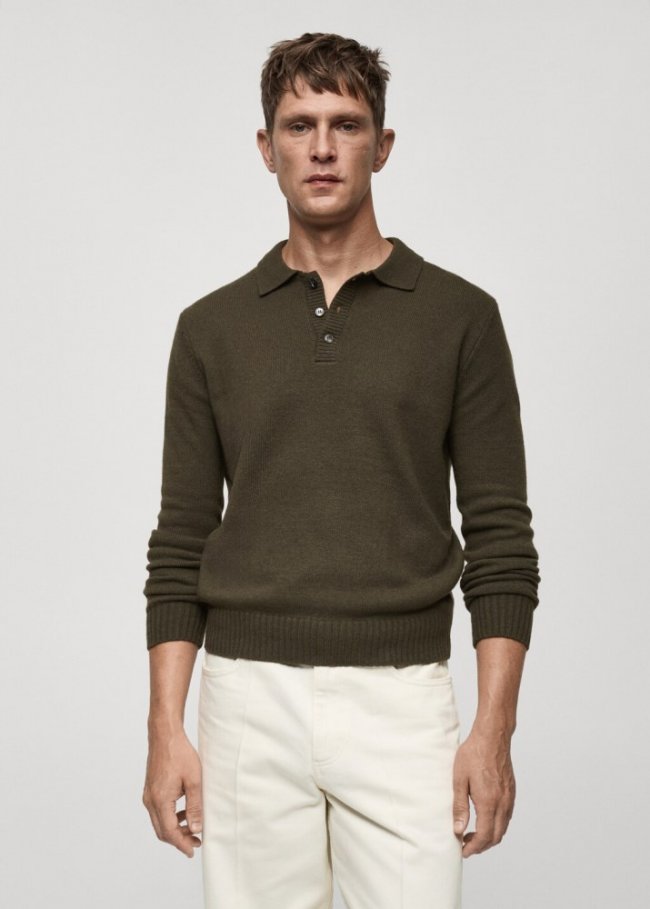 Mango Jersey lana cuello polo - Khaki