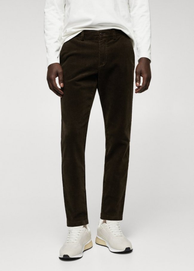 Mango Pantalón tapered crop pana - Verde oscuro