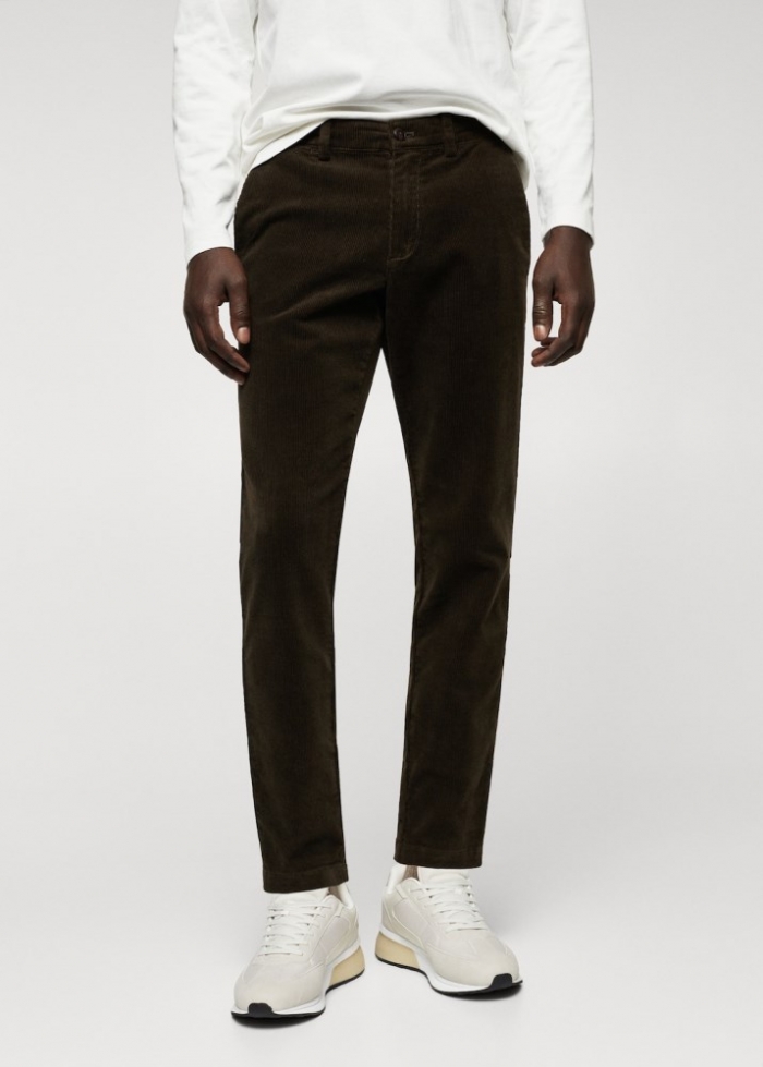 Mango Pantalón tapered crop pana - Verde oscuro