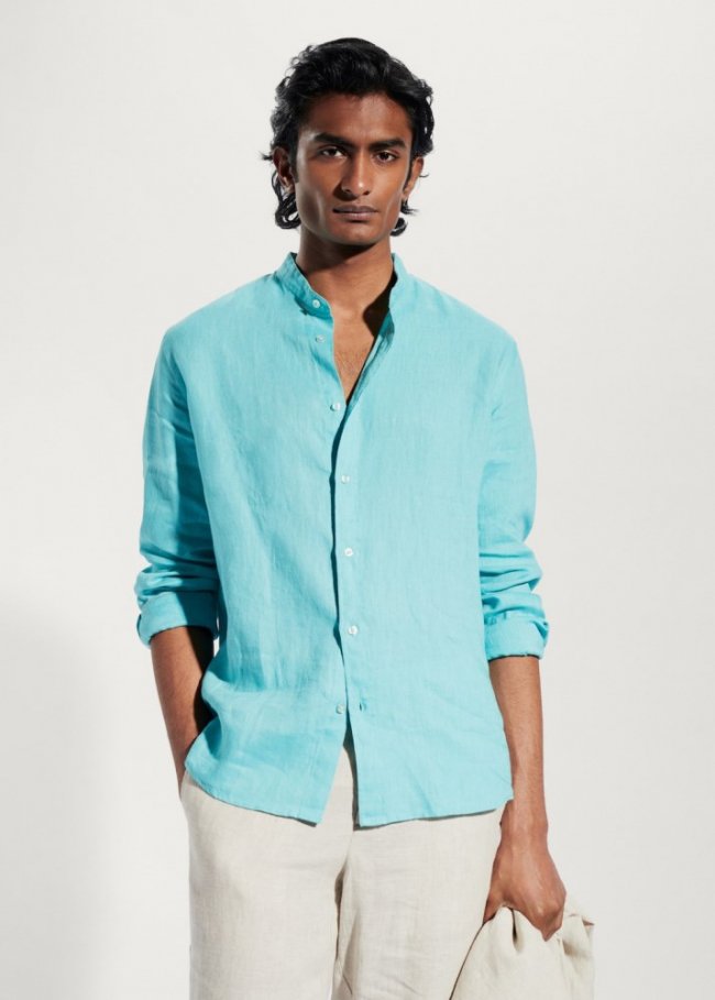 Mango Camisa 100% lino cuello mao - Verde agua