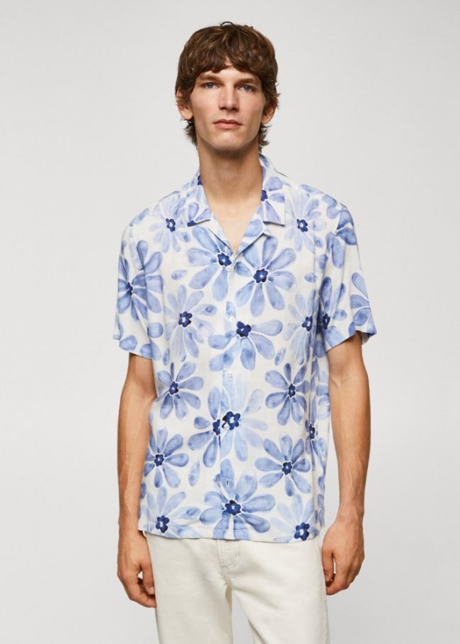 Mango Camisa cuello bowling estampado flor - Azul celeste