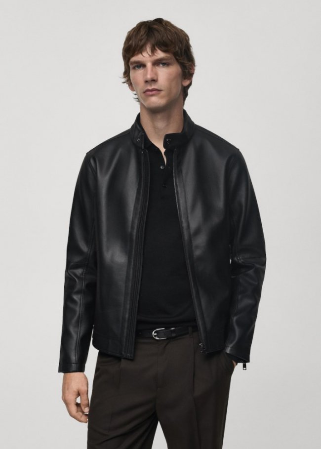 Mango Cazadora efecto piel napa - Negro