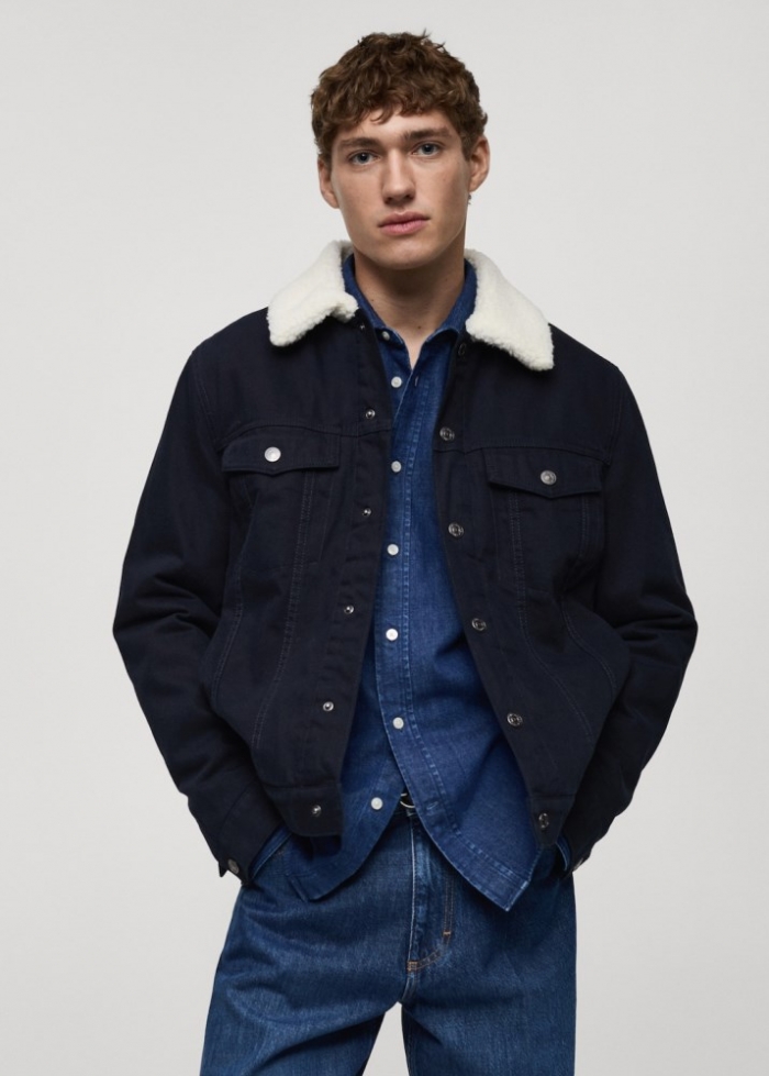 Mango Cazadora denim cuello borreguillo - Azul marino oscuro