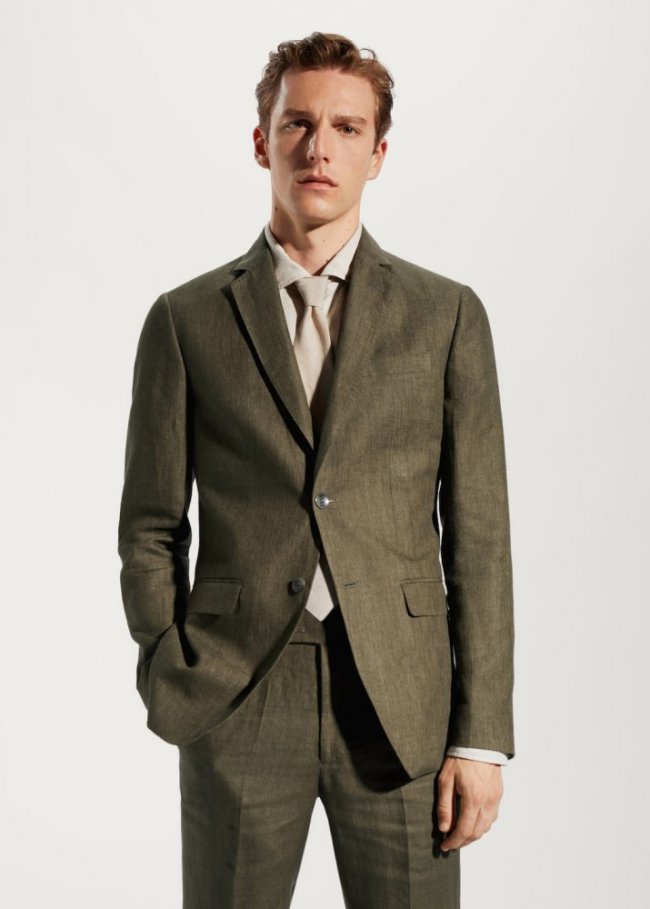 Mango Americana traje 100% lino - Verde