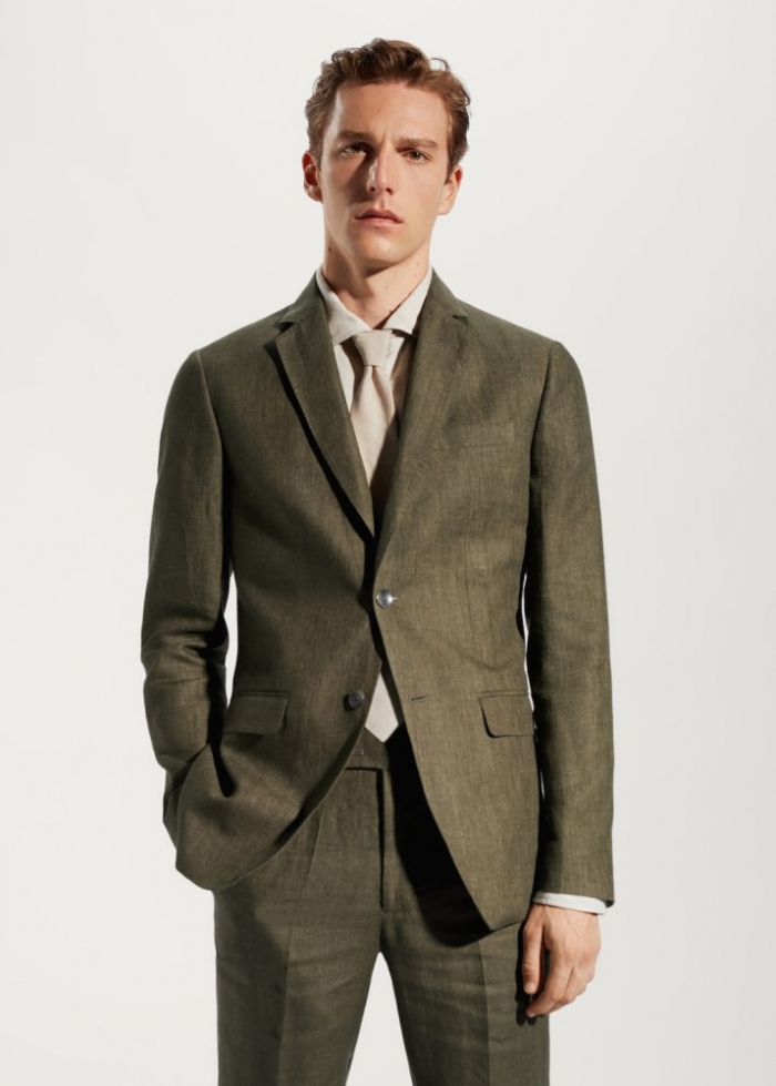 Mango Americana traje 100% lino - Verde