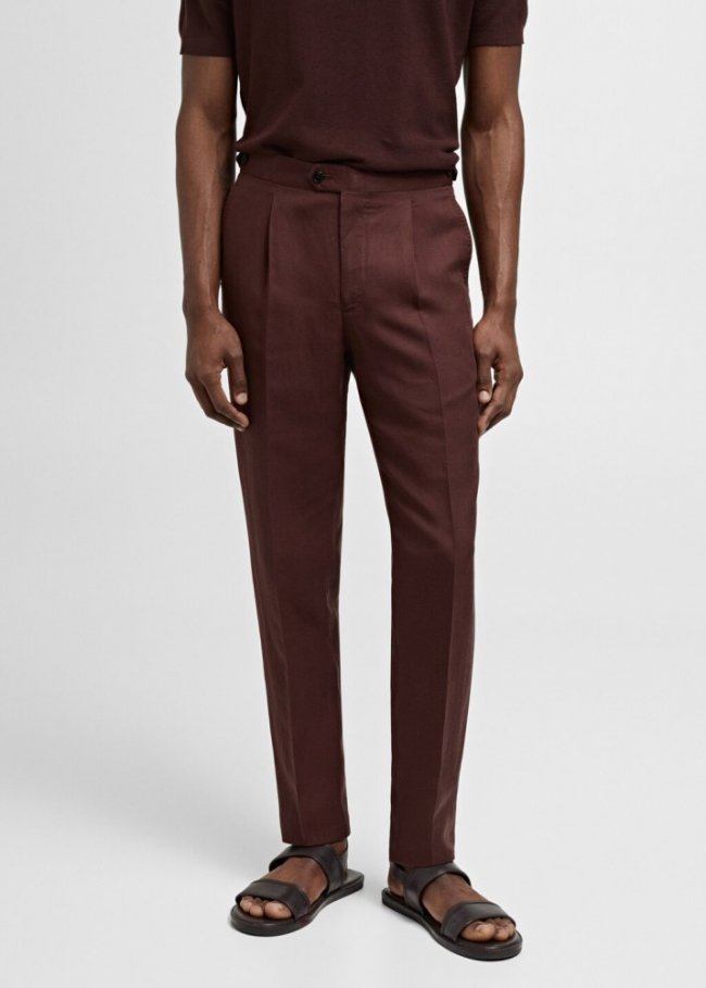 Mango Pantalón traje slim fit lino pinzas - Burdeos