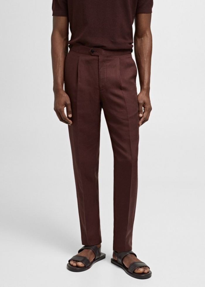 Mango Pantalón traje slim fit lino pinzas - Burdeos