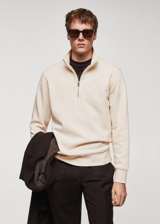 Mango Sudadera algodón cuello cremallera - Crudo