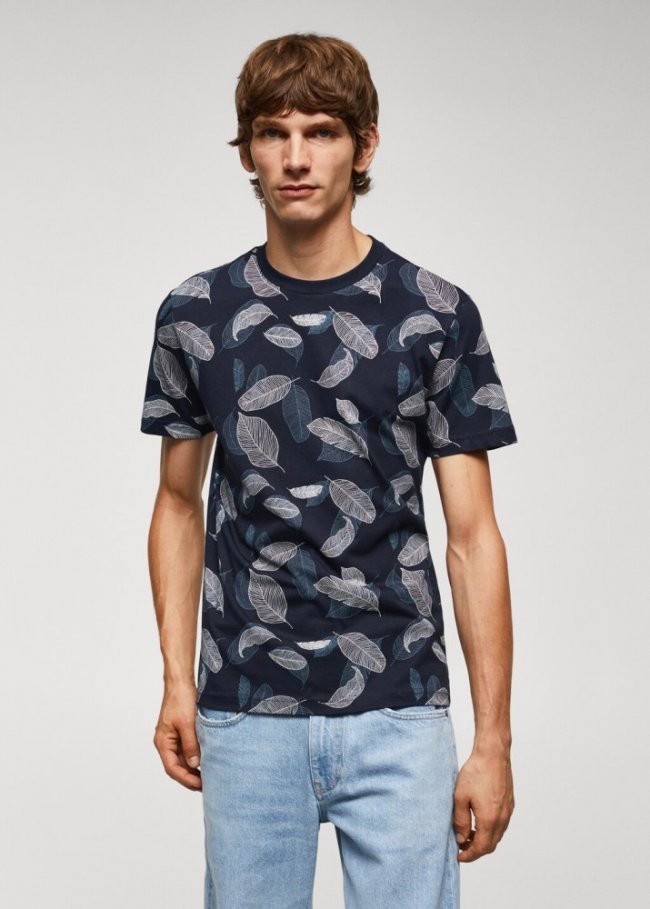 Mango Camiseta algodón estampado hojas - Azul marino oscuro