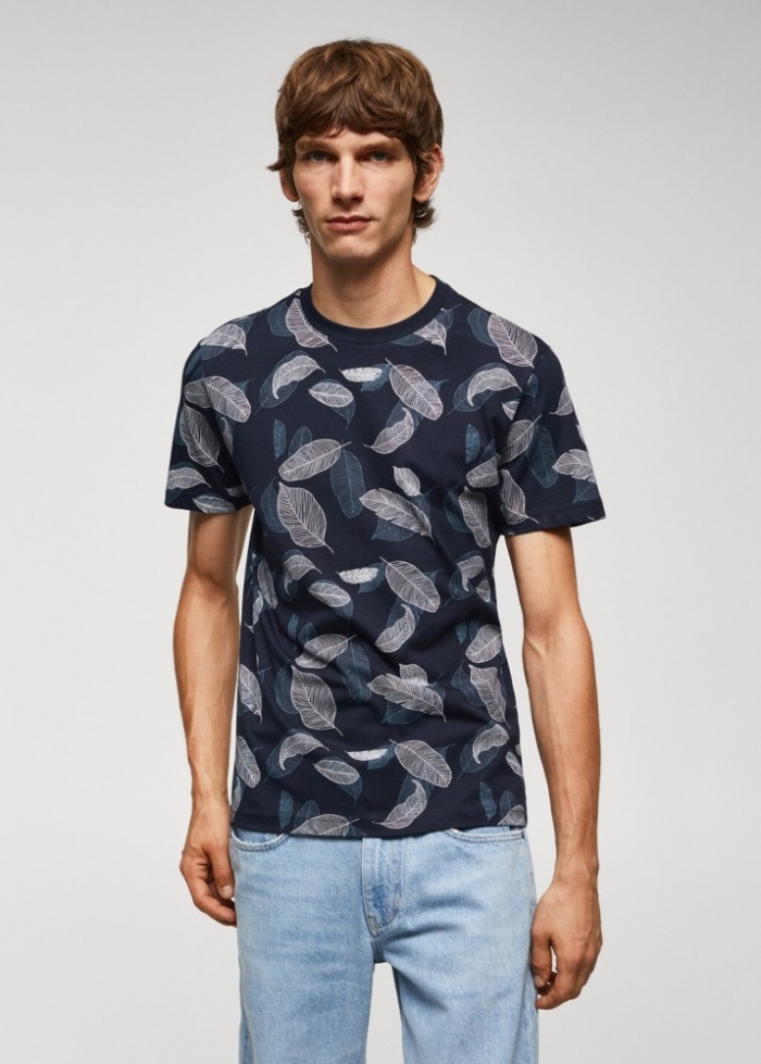 Mango Camiseta algodón estampado hojas - Azul marino oscuro