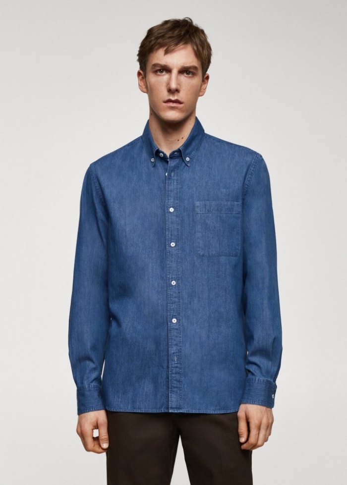 Mango Camisa classic fit chambray algodón - Azul medio
