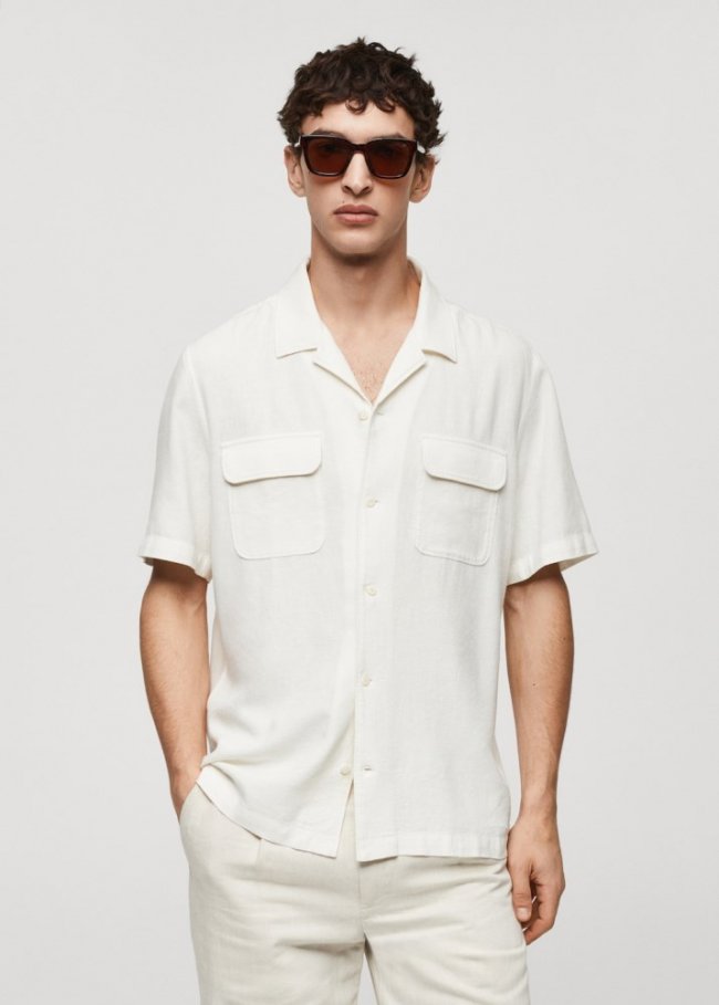 Mango Camisa lino cuello bowling bolsillos - Blanco