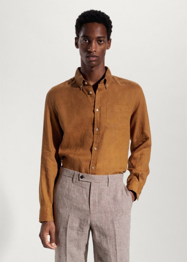 Mango Camisa slim fit 100% lino - Mostaza