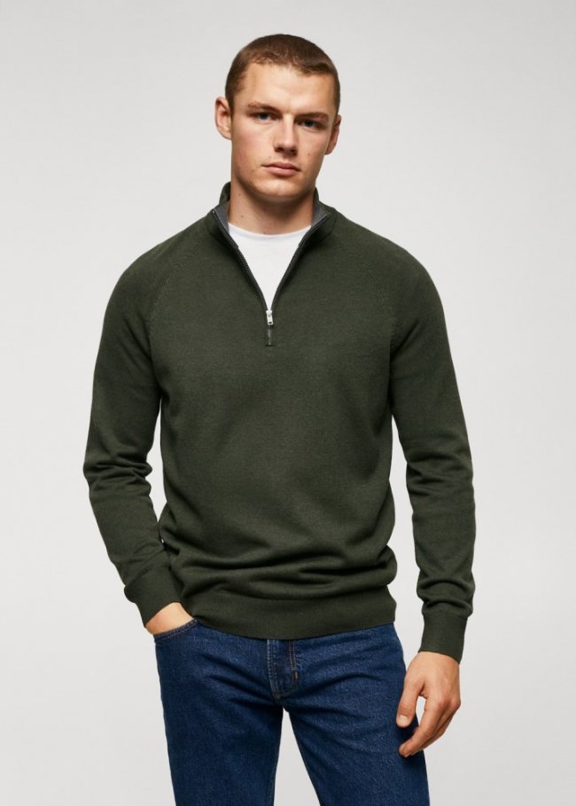Mango Jersey algodón cuello cremallera - Khaki