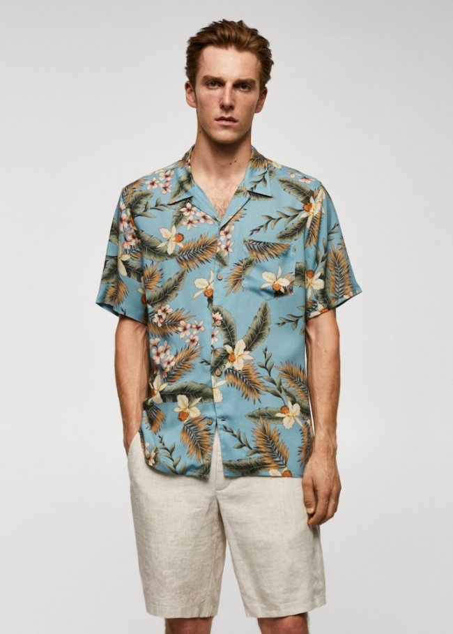 Mango Camisa regular fit estampado hawaiano - Azul celeste
