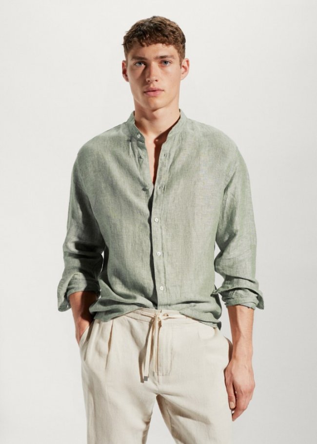 Mango Camisa 100% lino cuello mao - Khaki