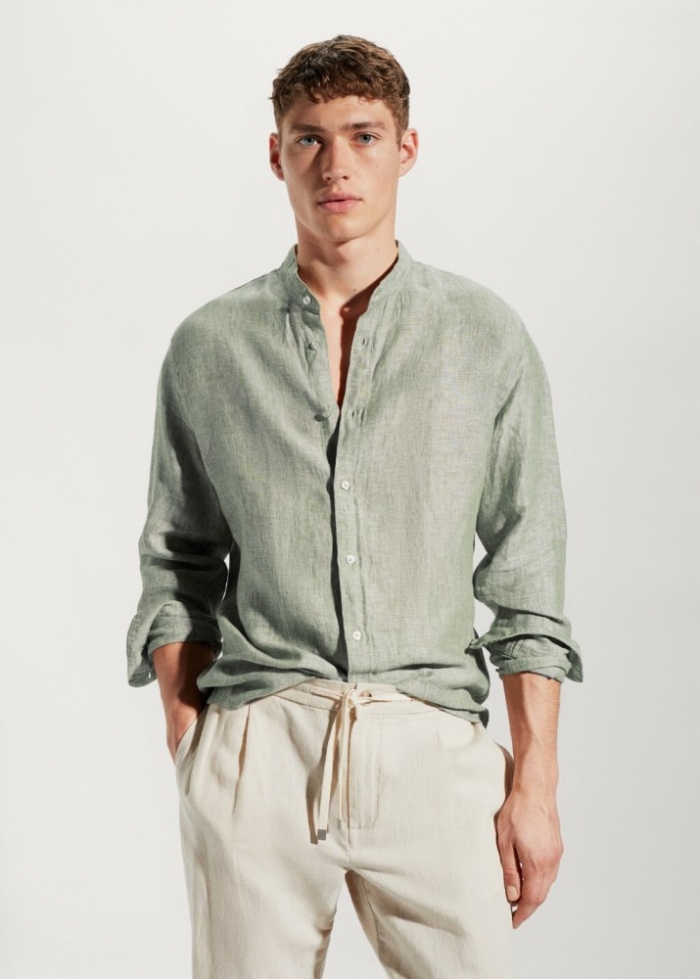 Mango Camisa 100% lino cuello mao - Khaki