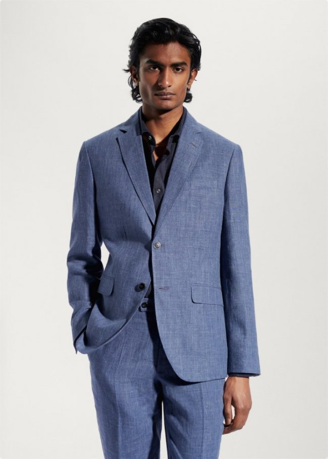 Mango Americana traje 100% lino - Azul indigo