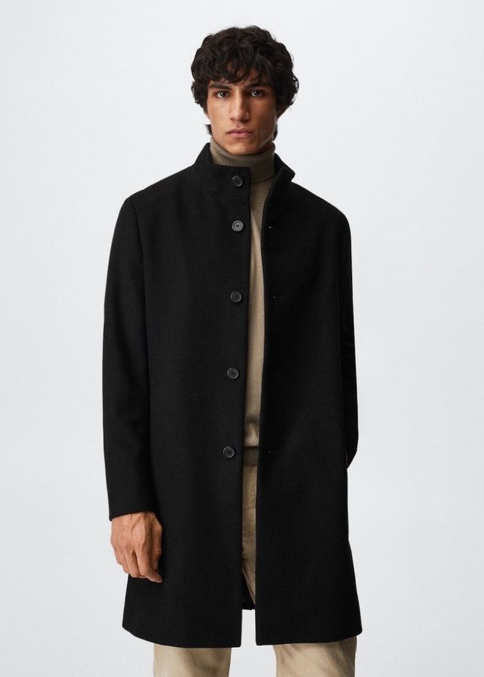 Mango Abrigo lana cuello chimenea - Negro