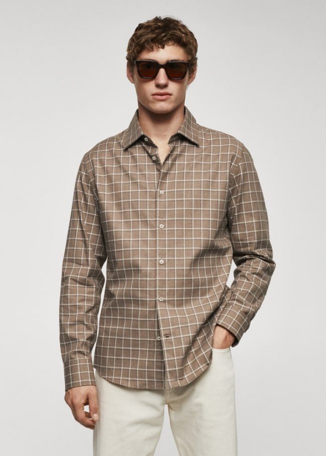 Mango Camisa agoldón franela cuadros - Beige