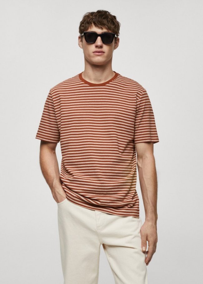 Mango Camiseta algodón lino rayas - Naranja tostado