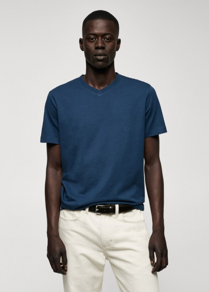 Mango Camiseta básica algodón cuello pico - Azul indigo